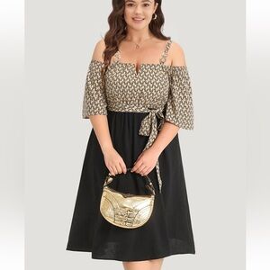 BloomChic Geometric Patchwork Pocket Belted Cold Shoulder Dress